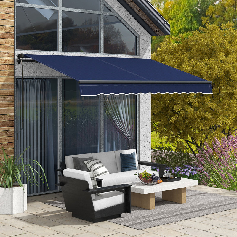Outsunny Polyester Cover Retractable Patio Awning, Blue, Solid Color, 116.1" W x 97.2" D