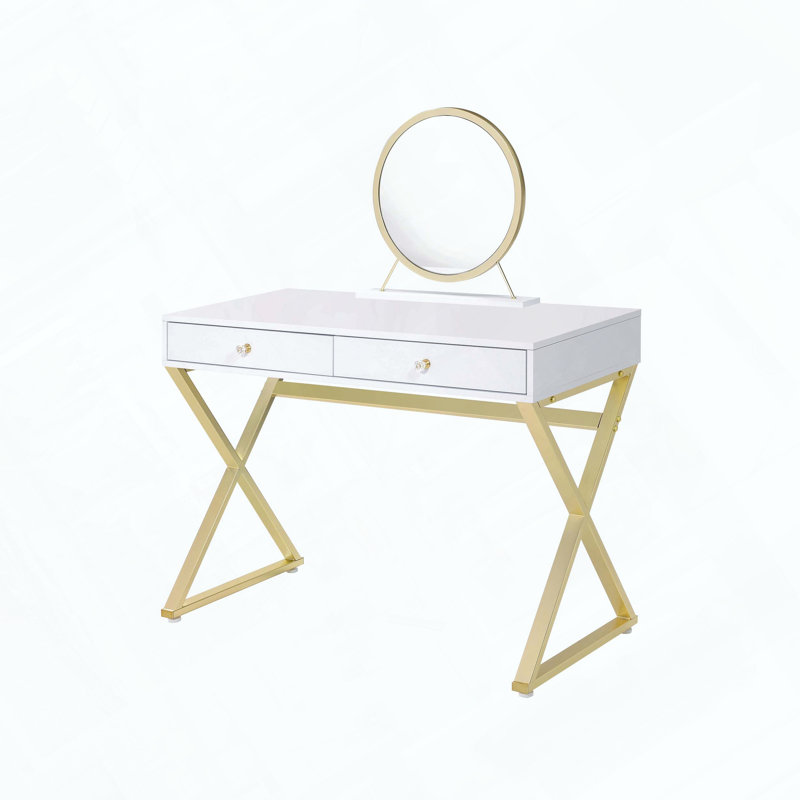 Coleen White & Gold Finish Vanity Desk with Mirror and Jewelry Tray