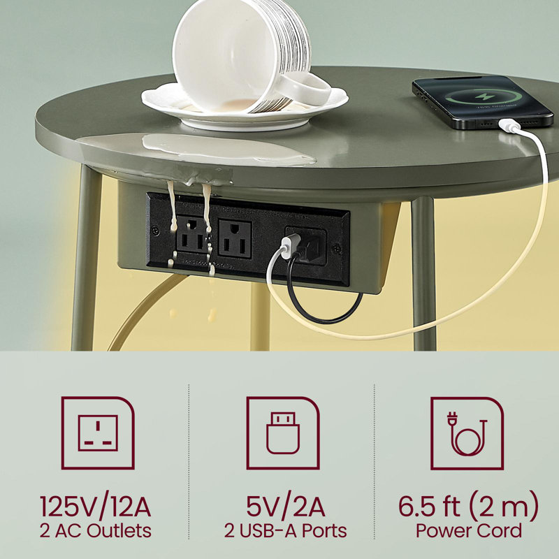 End Table With Charging Station, Led Light, Forest Green