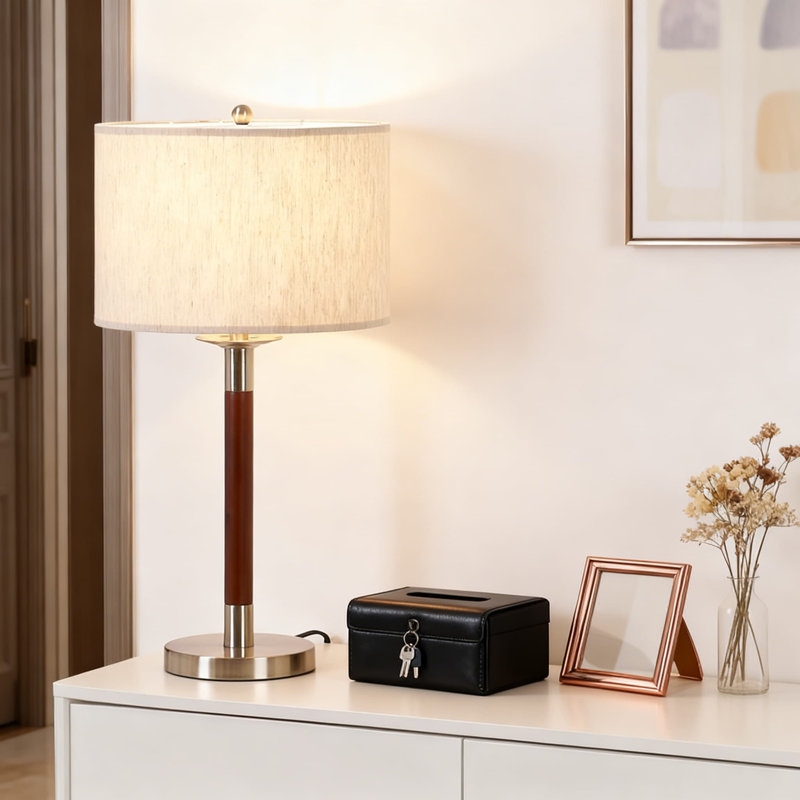 Modern LED Table Lamp With Dimmable Switch, Natural Wood Base And Linen Shade For Bedroom, Living Room, Office Desk, And Nightstand
