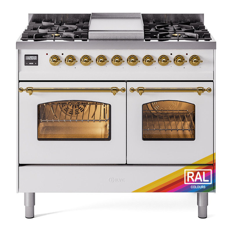 ILVE Nostalgie II Series 40 inch Dual Fuel Range with 6 Sealed Burners, Griddle (Glass Door), Natural Gas, RAL/Brass