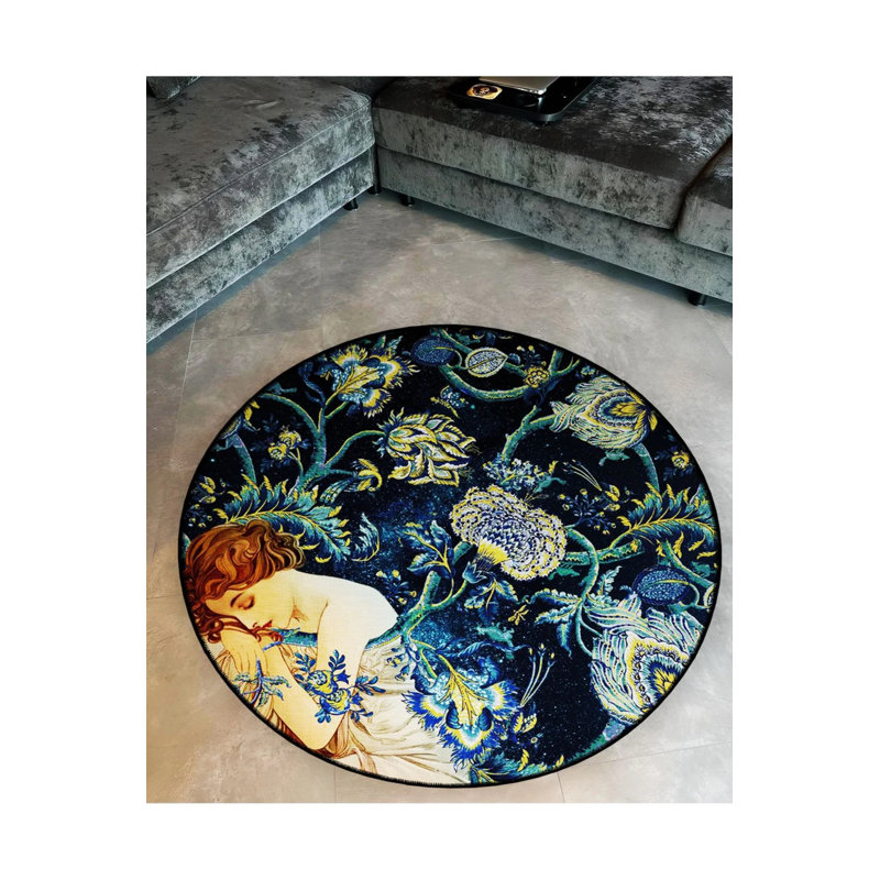 Ethnic Patterns And Sleeping Woman Detailed Woven Base Modern Decorative Carpet, Round 4'