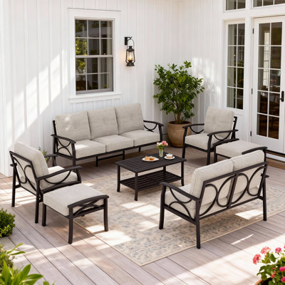 Outdoor Furniture Set with 4" Cushions, 9-Person All-Weather Metal Frame Patio Furniture Set, 7-Piece Outdoor Patio Set with Ergonomic Back Support