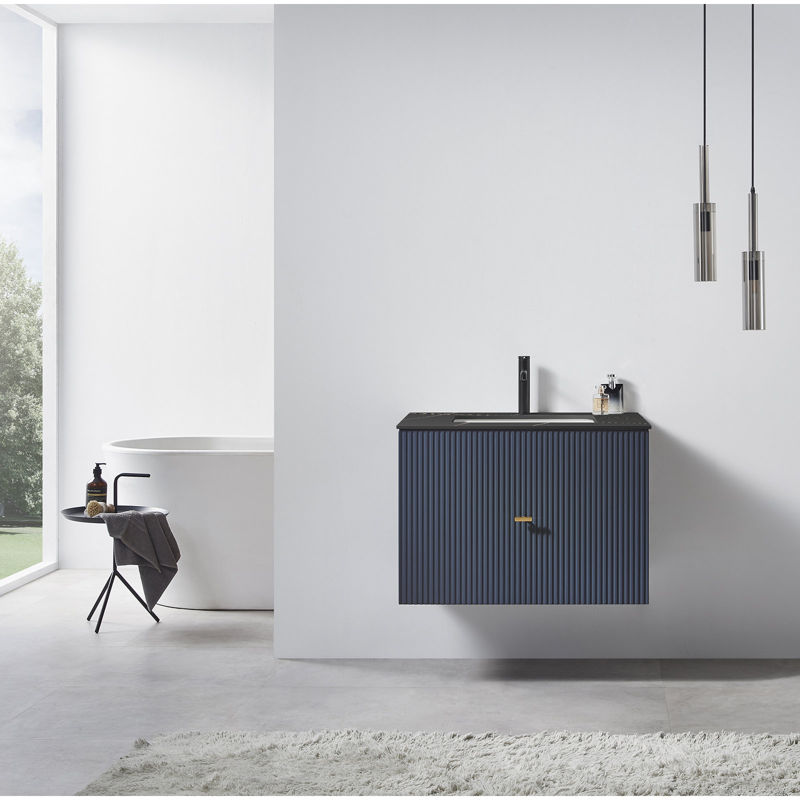 Jamell 30'' Single Bathroom Vanity, Dark Blue, Black