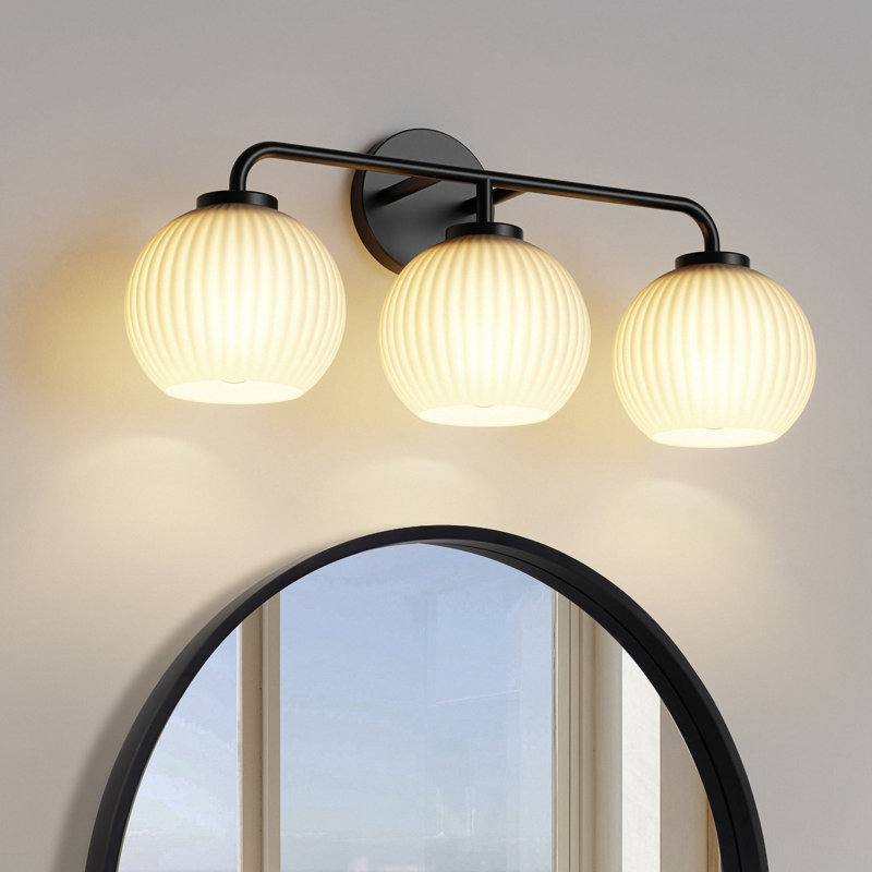 Catoe Modern 3-Light Black Vanity Fixture With Milk White Striped Globe Shades