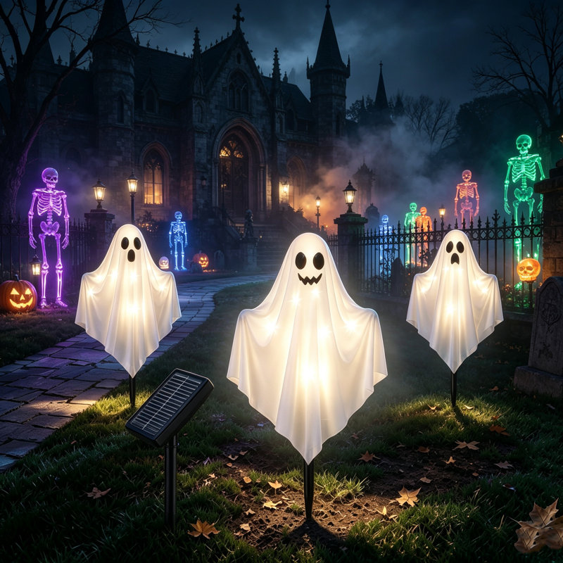 Décorations d'Halloween fantômes solaires, ensemble de 3 lampes fantômes en tissu avec 8 modes d'éclairage, décoration extérieure pour pelouse, porche, allée ou jardin.