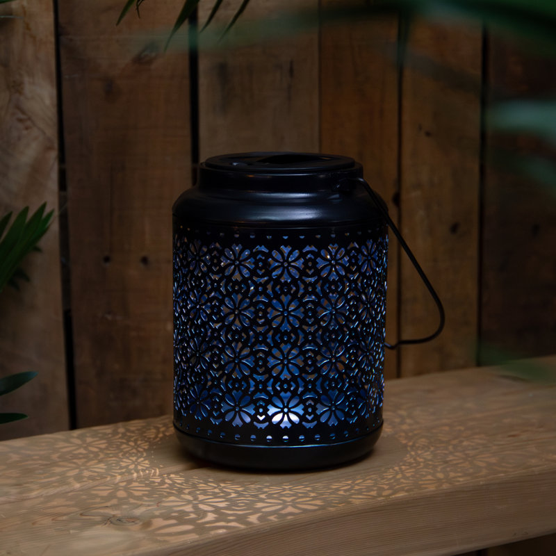7" Black Floral LED Solar Outdoor Lantern with Handle