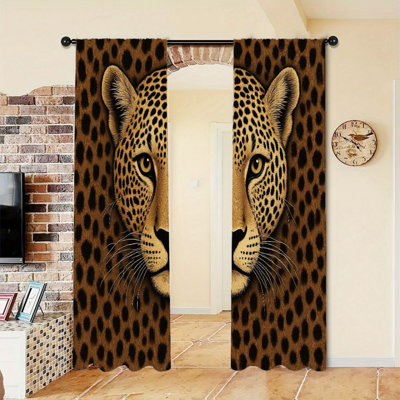 2Pcs Realistic Leopard Curtains, Rod Pocket Light Filtering, Wild Animal Style, All-Season For Living Room Bedroom Study Window Decor