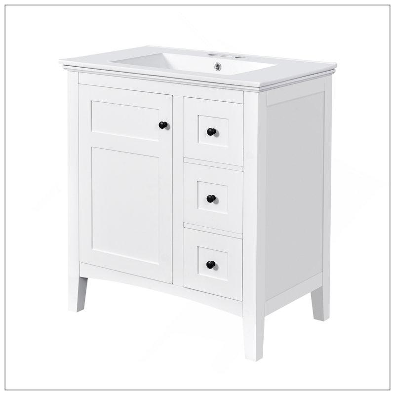 Meuble-lavabo sophistiqué de 30 po avec lavabo en céramique, salle de bain blanche avec 3 tiroirs, armoire de rangement moderne en bois massif, idéale pour la maison
