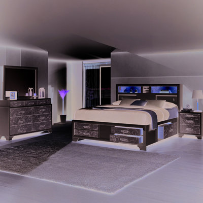 Luxury, Full - Sized Bed, White Wood, Marble Drawers, Headboard Lighting, Port Contemporary, Panels, Speakers