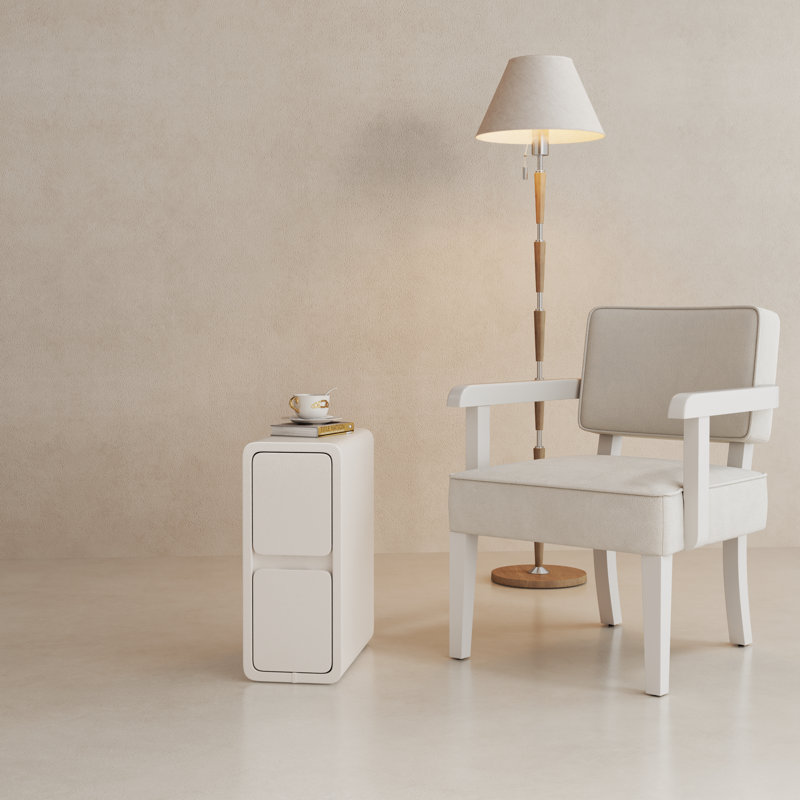Table de chevet rembourrée en cuir massif, H 18,3 po x l 7,9 po, Blanc, 2 tiroirs