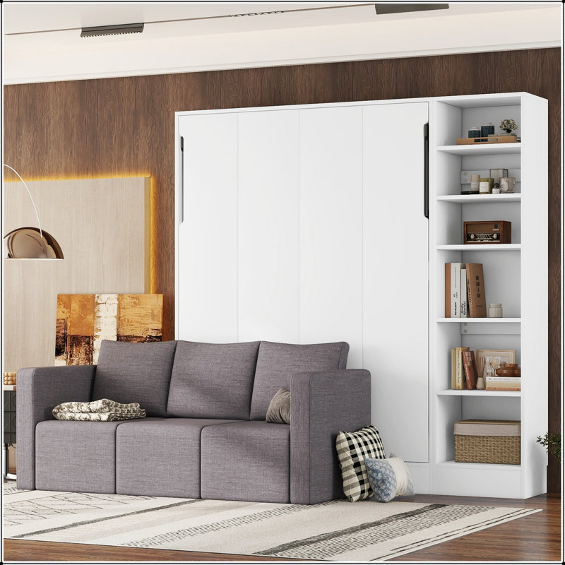 Lit escamotable double pleine grandeur avec canapé et tablettes, parfait pour les espaces peu encombrants et multifonctionnels, blanc