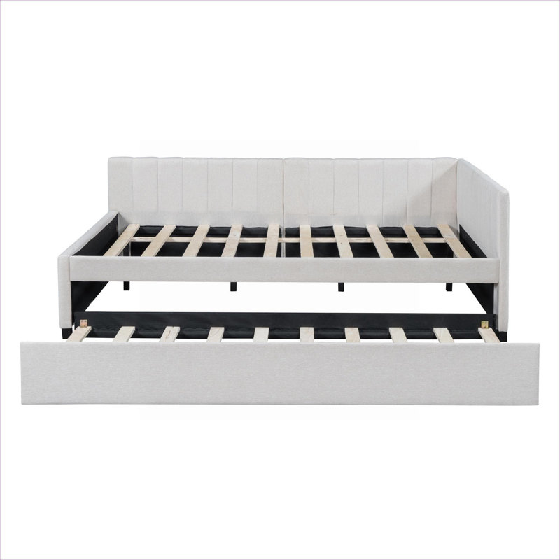 Lit de jour double rembourré en lin double classique avec couchette coulissante double fonction, sans sommier tapissier beige neutre