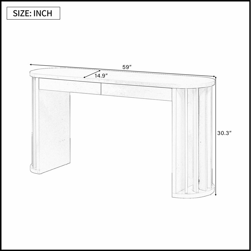 59-inch Long Oak Veneer Console Table with Curved and Straight Line Design for Farmhouse Entryway, Hallway, and Living Room
