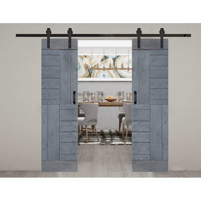 Porte de grange coulissante double en bois massif avec trousse de quincaillerie brevetée S Series - assemblage requis
