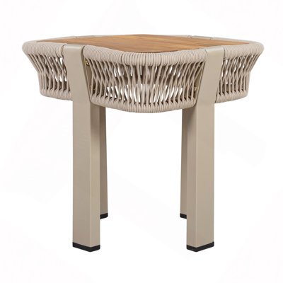 Acacia Wood Side Table, 120 lbs Capacity Outdoor Patio End Table with Beige Rope & Natural Metal Frame, Square Accent Table for Backyard, Balcony, Living Room