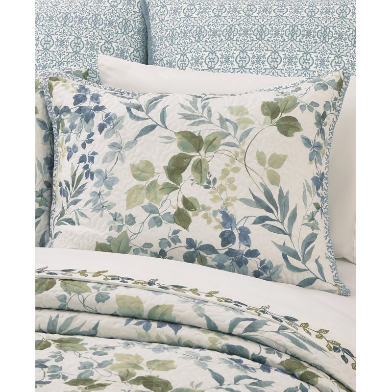 Blue Botanical Leaf Reversible Microfiber King Quilt Set