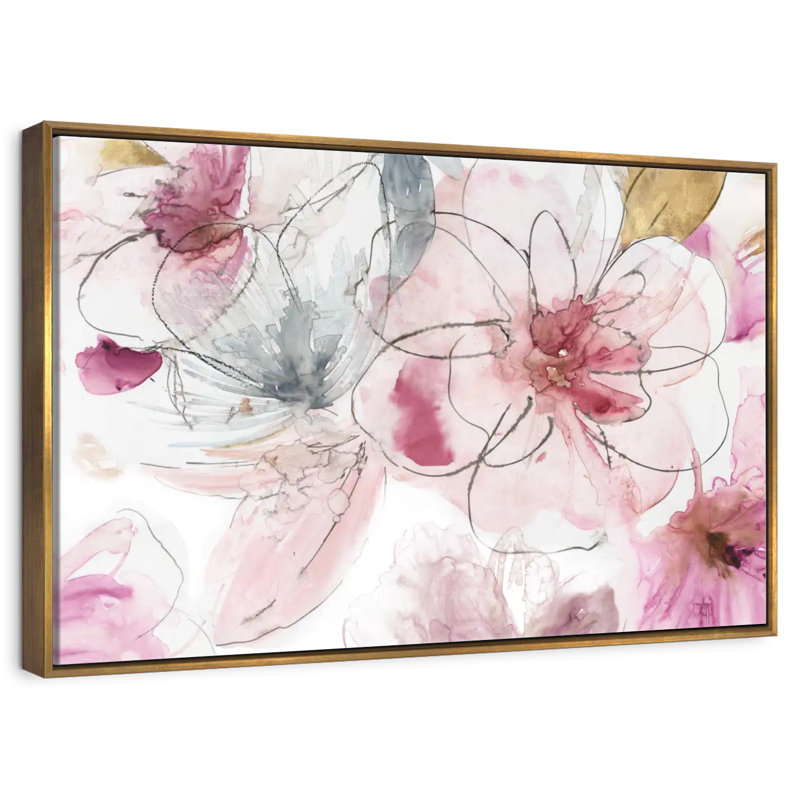 Joli floral en rose I, 46 po x 31 po, Cadre flottant doré