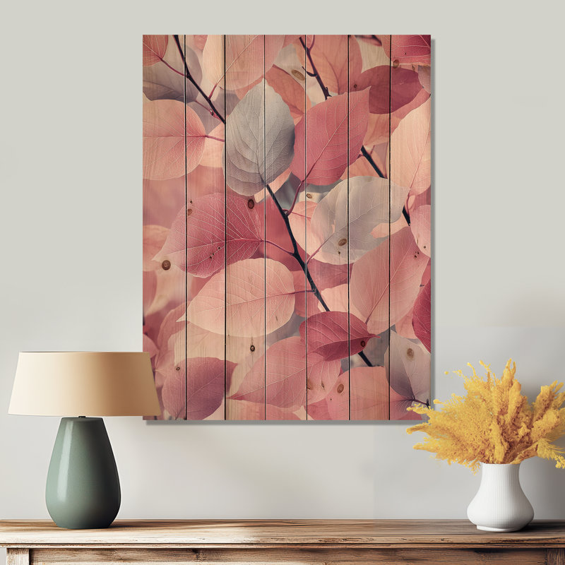 Rose, ombres parmi les feuilles I - Art mural en bois de feuilles - sur bois de pin naturel, H 20 po x l 10 po x P 0,78 po