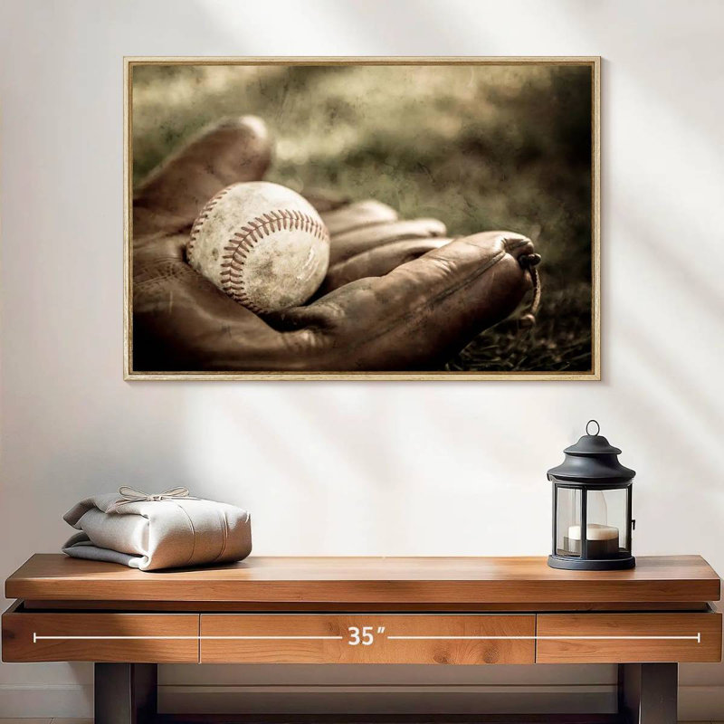 Baseball sur gant, 25 po x 17 po, Cadre flottant en bois naturel