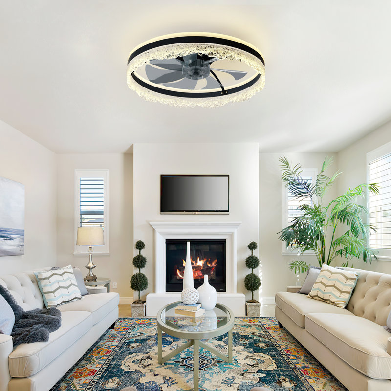  Ventilateur de plafond encastré moderne avec lumière DEL et télécommande, cristal, noir, ventilateur de plafond blanc