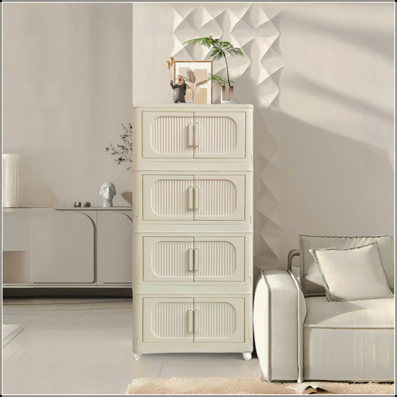 Cream White,19.69" Side Wide Folding Storage Cabinet ,4 Tiers,19.69"×11.81"×40.55",Collapsible Storage Bins With Magnetic Door, Plastic Storage Cabinet With Wheels