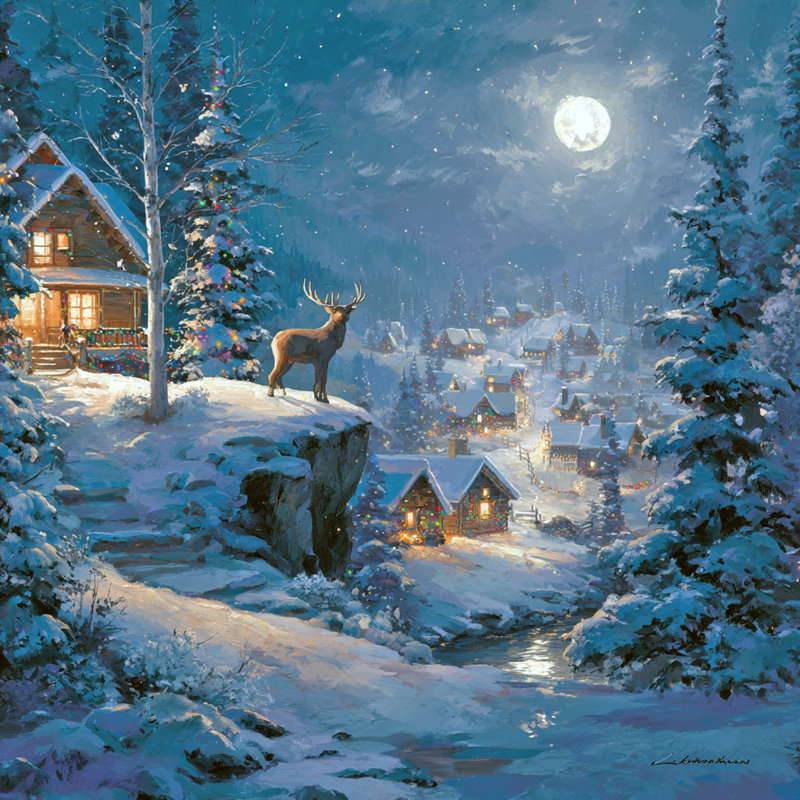 «Moonlit Deer Over Winter Village», art mural sur toile tendue, 20 po x 20 po