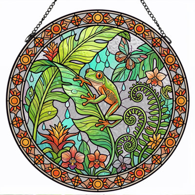 Tropical Frog Stained Glass Window Panel，12"H