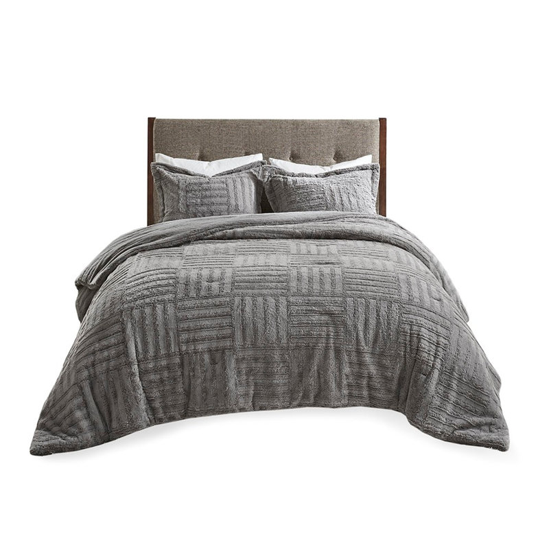 Édredon gris en fausse fourrure pour lit double / grand lit, Édredon double + 2 taies décoratives standards, Gris