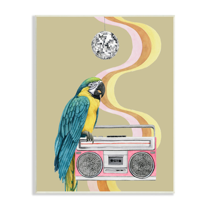 «Groovy Parrot Pink Boombox Retro Disco Ball» par Grace Popp - impression, H 15 po x l 10 po x P 0,5 po, Plaque murale