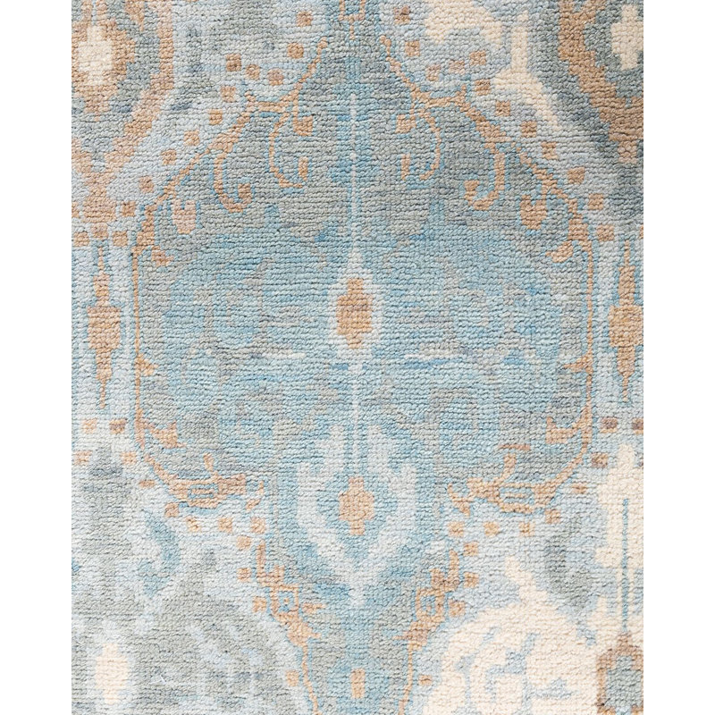 Hand-Knotted Gray and Blue Wool Rectangular Area Rug