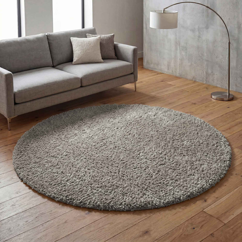 Ainsley Plain Living Room Shaggy Area Rug Modern Soft Pile Polyester Rug, Grey, Round 120 cm