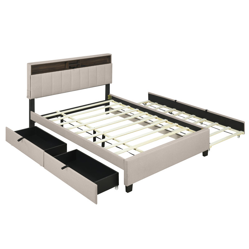 Lit plateforme tapissier avec tête de lit, gigogne simple, 2 tiroirs, ports USB et prises de courant, Beige, Grand