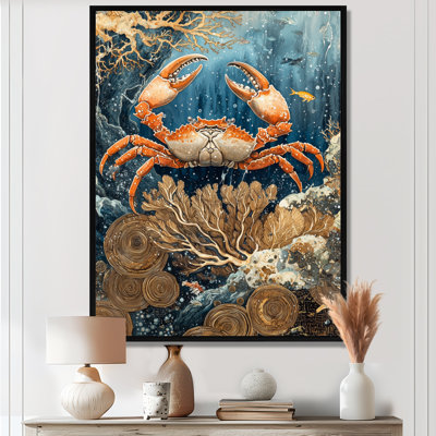 «Aulene Aquarium Blue and White with Large Crab III», reproduction d'art sur toile encadrée