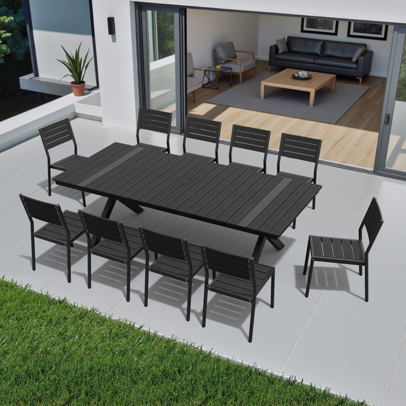Ensemble repas pour 10 personnes rectangulaire avec trou pour parasol, structure en aluminium et chaises sans accoudoirs