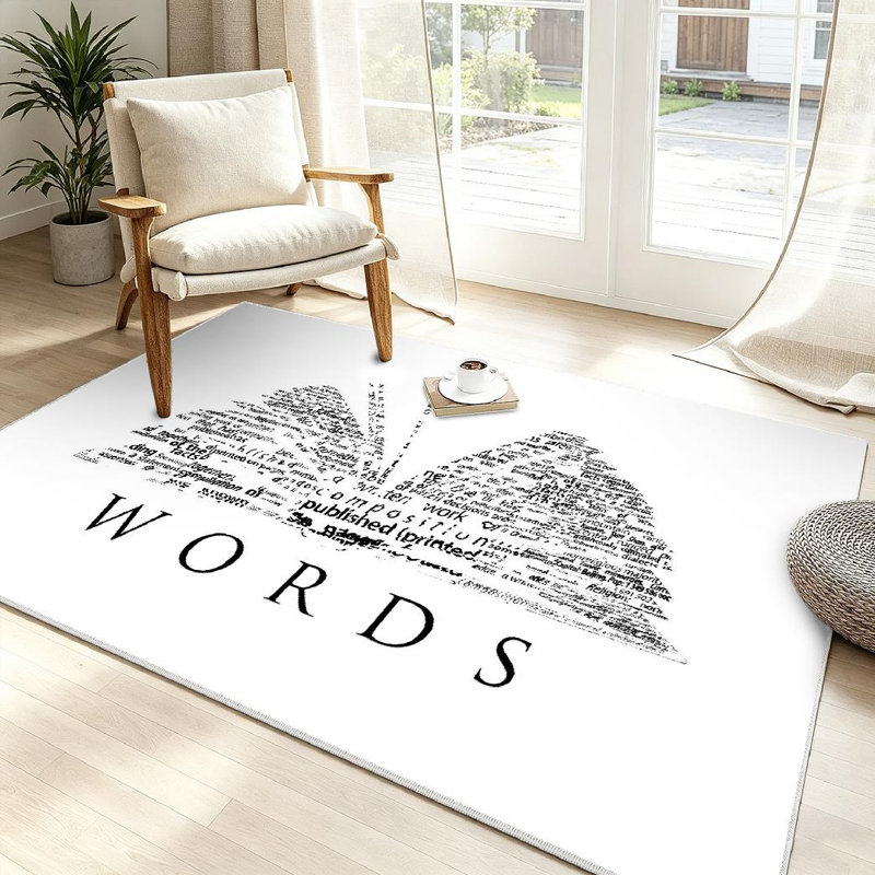 Tapis d'intérieur noir lavable à la machine livre de mots avec nuage de mots, Rectangle 39" x 63"