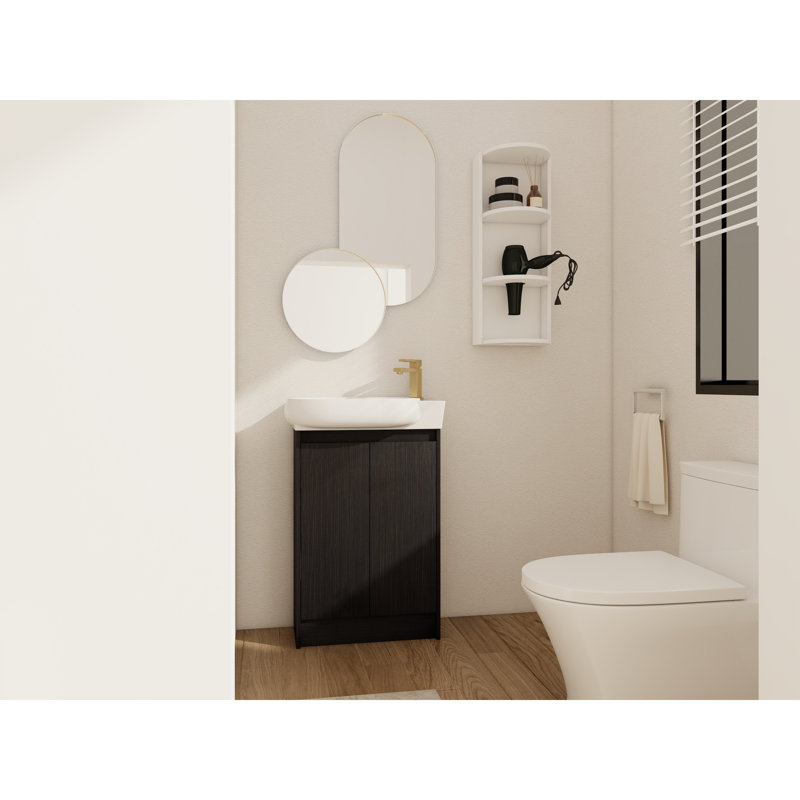 Meuble-lavabo moderne en châtaignier noir avec lavabo en céramique et rangement réglable
