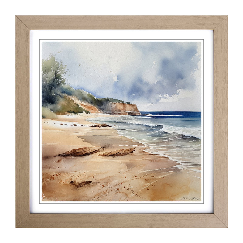 Beach Watercolour No.5 Framed Print, Oak