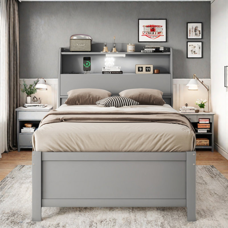 Lit plateforme en bois avec lit gigogne, tête de lit et tiroirs de rangement, Gris, Simple