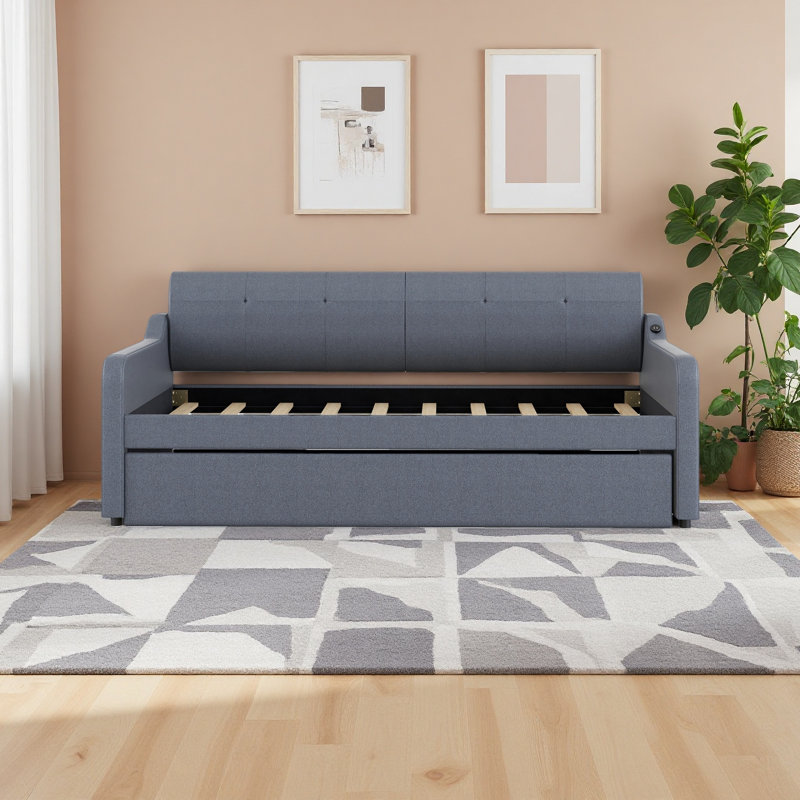 Twin Size Upholstery Daybed With Trundle And USB Charging Design,Trundle Can Be Flat Or Erected, Gray