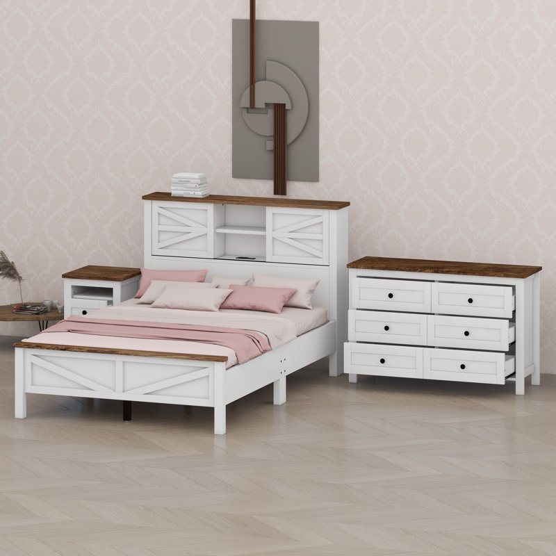Ensemble 3 pièces Modern Farmhouse comprenant une tête de lit avec ports de charge, table de chevet et commode, Blanc