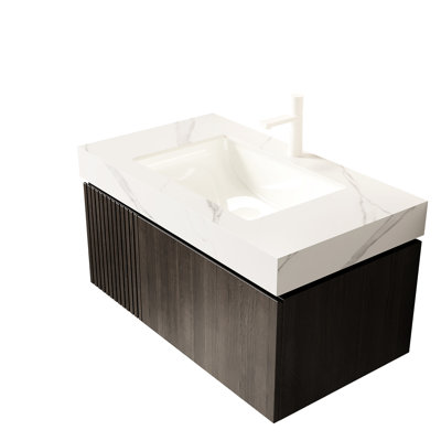 Comptoir en pierre frittée blanche de 91,4 cm (36 po) avec lavabo encastré en céramique, un trou pour robinet standard, résistant aux égratignures, étanche à l'eau, profondeur 89,7 cm (35,32 po), hauteur 21 cm (8,26 po).