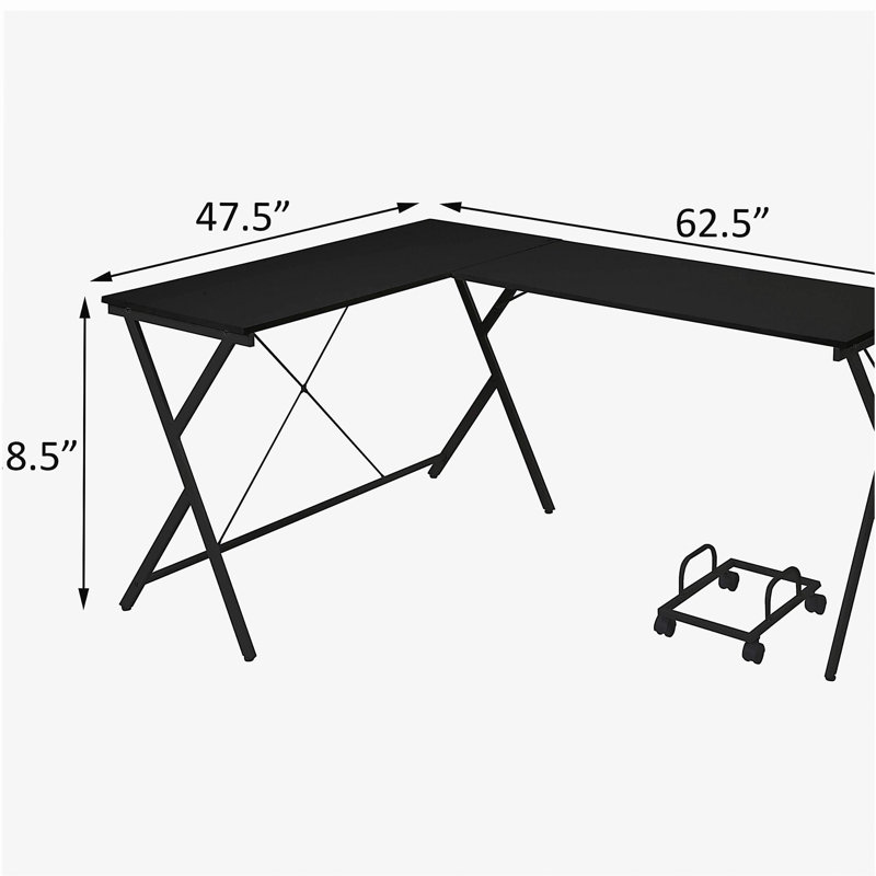 Black L-shaped Computer Desk with CPU Bracket, Black