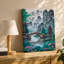 Toile, "Serene Misty Forest Scene", avec un pont en bois gracieusement arqué qui enjambe une rivière tranquille entourée d'une toile luxuriante-1114030494
