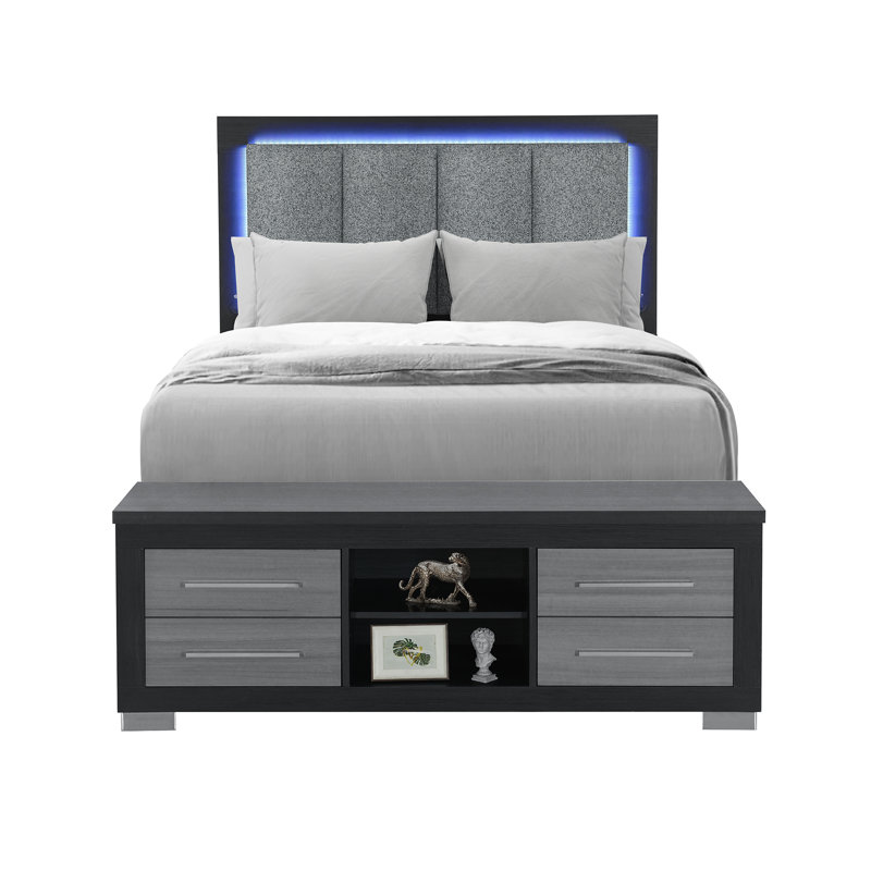 Lit Emma avec DEL et USB, Noir/gris, Double