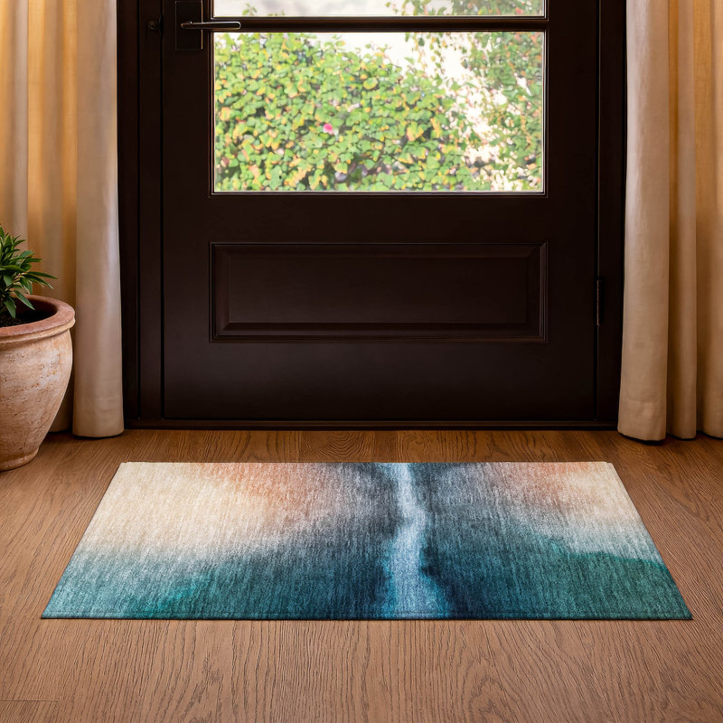 Premium Machine Washable Mayfield AMF2419 Abstract Rug, Teal, 2'6" x 3'10"