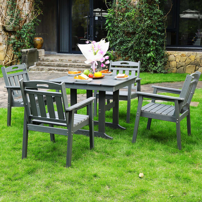 HDPE Outdoor Patio Dining Set, 1 Table & 4 Chairs With Umbrella Hole, Waterproof All-Weather Furniture For Lawn, Garden, Backyard & Poolside, Gray
