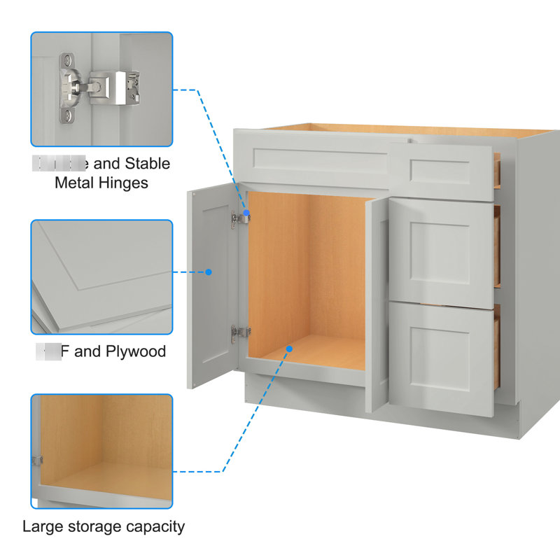 Armoire de meuble-lavabo de cuisine en contreplaqué gris 36 po X P 21,5 po, Gris clair