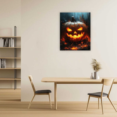 Citrouille démon noire brillante avec yeux de feu, impression sur toile Jack-o'-lantern, art mural de qualité supérieure pour le salon, 32 x 24 po