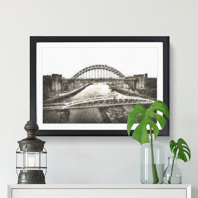 Tyne Bridge Linking Newcastle - Picture Frame Painting Print, Black Framed, 62cm H x 87cm W x 2cm D